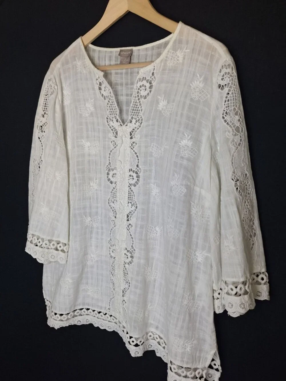 💙 Chico’s Oversized Size L/XL White Embroidered Lace Tunic Blouse Cotton Boho - Picture 2 of 8